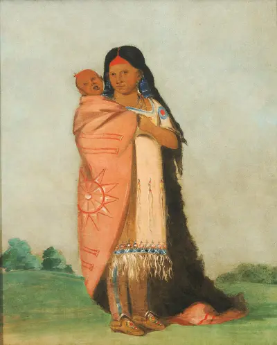 Tsee-Moúnt, Great Wonder, Carrying Her Baby In Her Robe av George Catlin