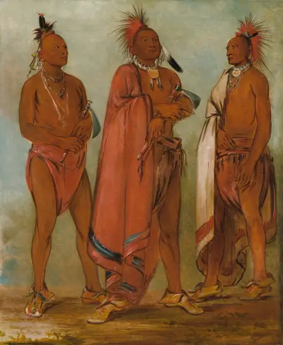 Wa-Másh-Ee-Sheek, He Who Takes Away; Wa-Chésh-Uk, War; Mink-Chésk, Three Distinguished Young Men av George Catlin