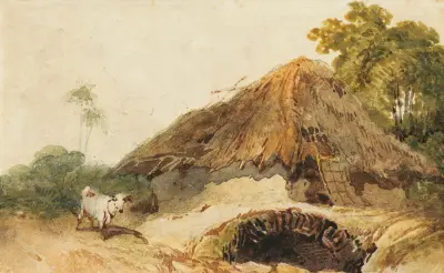 A Bengal scene with a thatched dwelling and a goat beside a bridge von George Chinnery