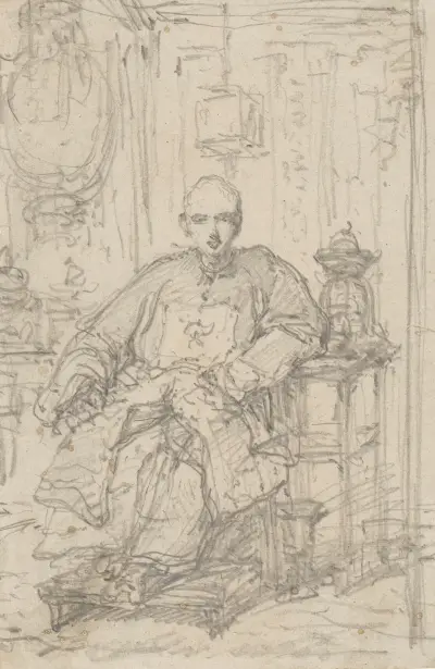A Hong merchant, seated in an interior av George Chinnery