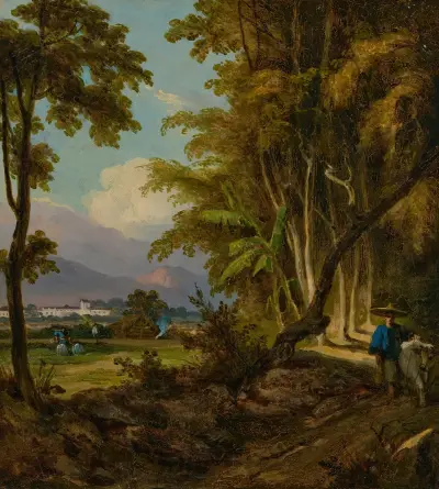 A landscape in Macau with a herdsman walking along a track av George Chinnery