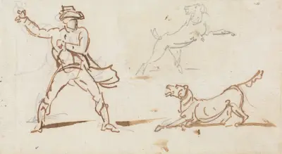 En man som kastar en boll till en hund av George Chinnery