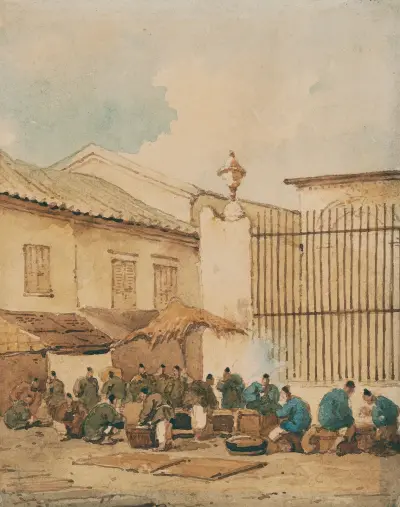 Marknad utanför St. Dominikskyrkans staket, Macau av George Chinnery