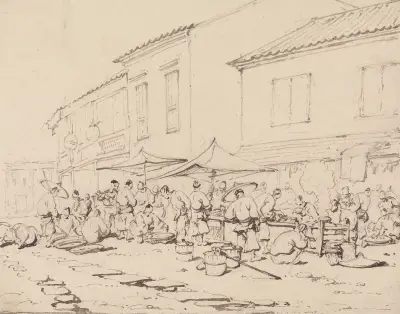 A Market Place and Crowd av George Chinnery