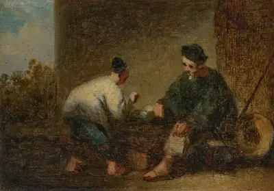 Gatuscen i Macau med två figurer som spelar spel av George Chinnery