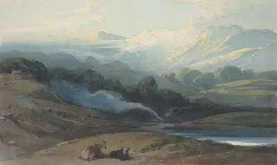 Boskap som vilar i ett bergslandskap av George Chinnery