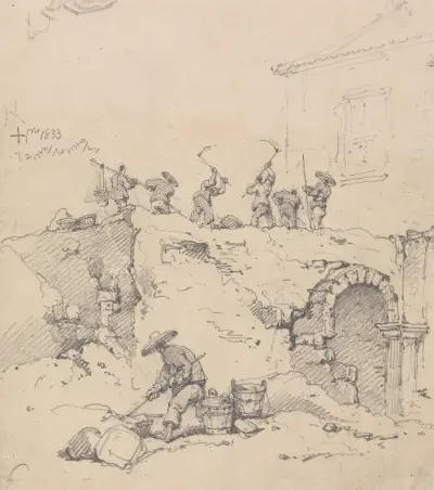 Chinese Coolies Demolishing a Building av George Chinnery