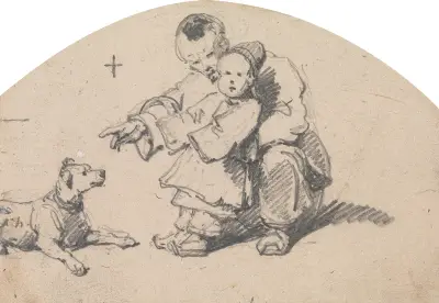 Kinesisk far och barn med hund av George Chinnery