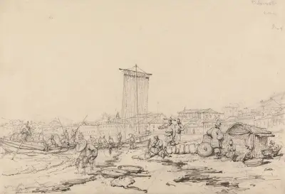 Kustscen med fiskare och byggnader, Macao av George Chinnery