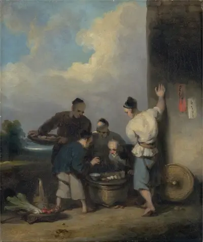 Kulis um den Stand des Essensverkäufers von George Chinnery