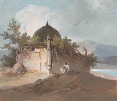 Figure Seated by an Indian Temple av George Chinnery