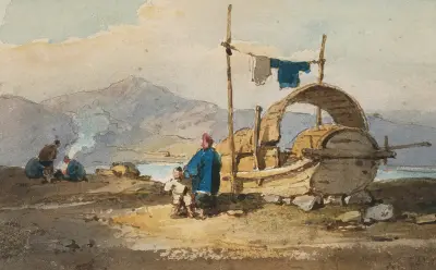 Figurer vid en båtbostad på stranden, Macau av George Chinnery