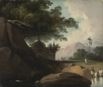 Indiskt landskap med tempel av George Chinnery