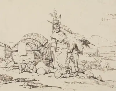 Old Man and Children Seated, Cooking av George Chinnery