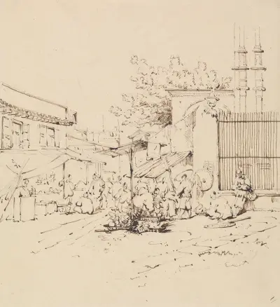 Street Scene with Merchants Selling Wares av George Chinnery
