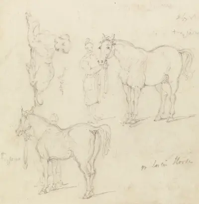 Studies of Horses with Chinese Grooms, and a Dog av George Chinnery