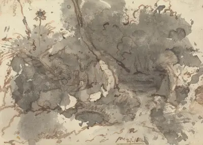 Halmtäckt byggnad i en skog av George Chinnery