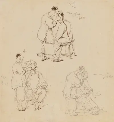 Tre studier av en kinesisk barberare av George Chinnery