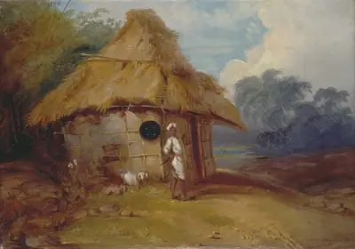 View in Southern India, with a Warrior Outside his Hut av George Chinnery