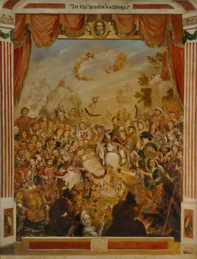 The First Appearance of William Shakespeare on the Stage of the Globe Theatre av George Cruikshank