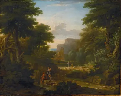 Wooded landscape with figures resting by a stream av George Lambert