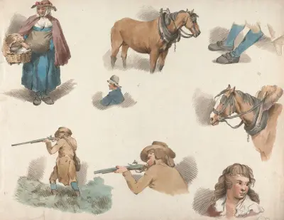 Eight studies; Woman with Basket, Blinkered Cart Horse, etc. von George Morland