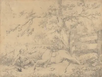 Fallen Horse and Rider, The Hunt Disappearing Left von George Morland