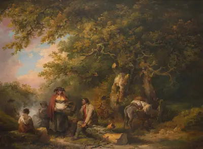 Gypsy Encampment with Seated Man Breaking Firewood von George Morland