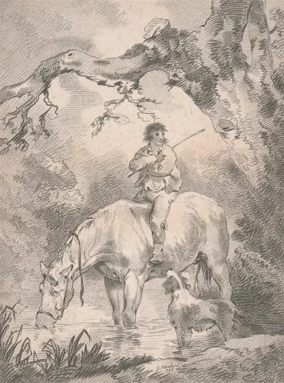 Lad astride a horse in a stream von George Morland