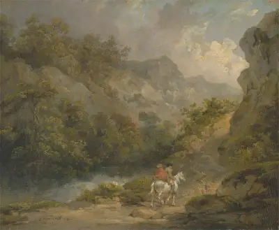 Rocky Landscape with Two Men on a Horse av George Morland