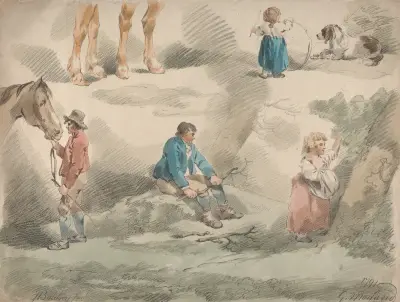 Studies of Girls, one Playing with Hoop, one Picking Berries, Man and Horse, etc. von George Morland