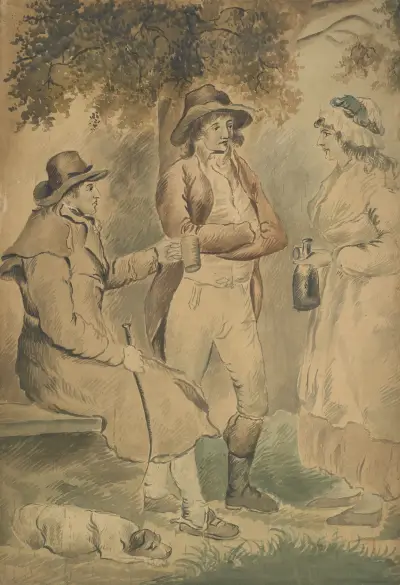 Three figures and a dog von George Morland