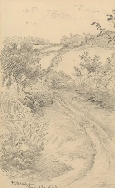 A Bushy Lane with a Field Beyond av George Richmond