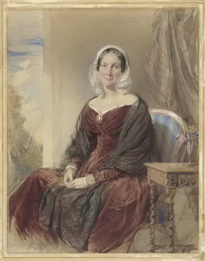 Portret van een zittende dame bij een doorkijk naar buiten av George Richmond