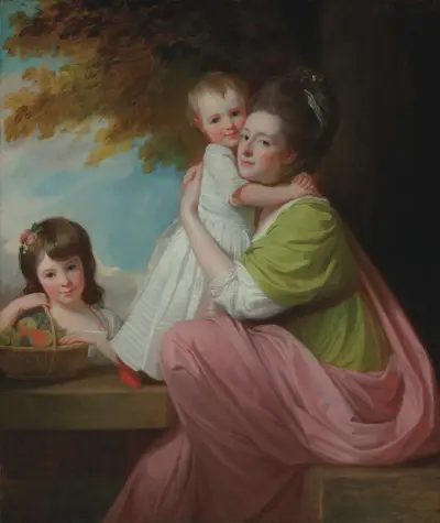 Group portrait of Dorothy Stables (1753-1832), with her daughters, Harriet (1774-1827) and Maria (1775-1821), in a wooded landscape von George Romney
