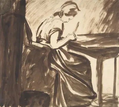 Kvinna sittande vid ett bord av George Romney