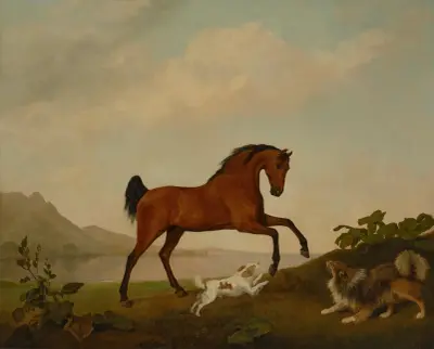 En stegrande häst med två hundar, i ett landskap av George Stubbs