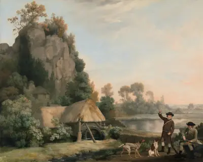 Två herrar på jakt med utsikt över Creswell Crags, taget på plats av George Stubbs