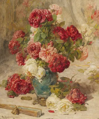 A still life with roses in a vase and a fan av Georges Jeannin