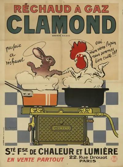 Réchaud à gaz Clamond. Société française de chaleur et lumière, 22, rue Drouot, Paris. lapin, coq av Georges Meunier
