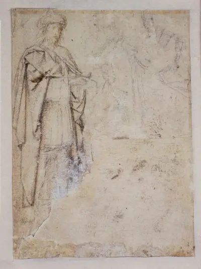 Figurenstudie des Kambyses, oben rechts Gewandstudien av Gerard David