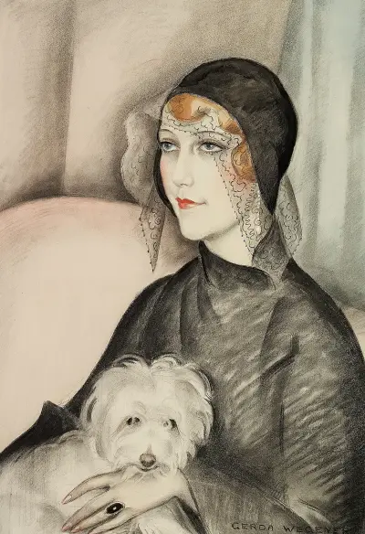 Ung kvinna med svart klockhatt och liten vit sköthund av Gerda Wegener