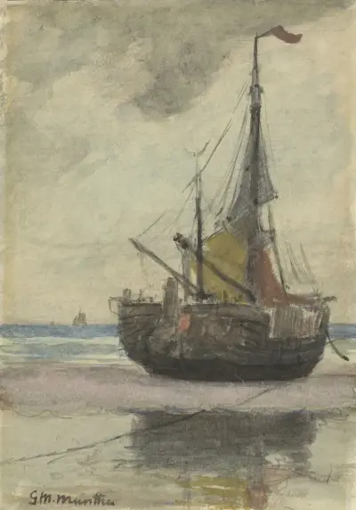 Vissersboot op het strand met gereefd zeil av Gerhard Munthe