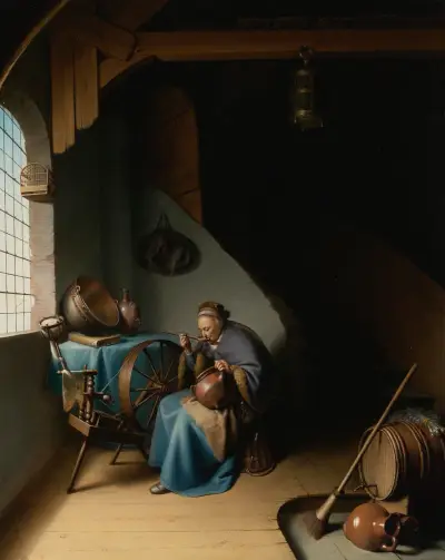 An Elderly Woman, Seated By A Window At Her Spinning Wheel, Eating Porridge av Gerrit Dou