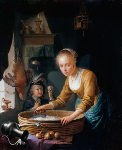 Girl Chopping Onions av Gerrit Dou
