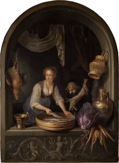 Kitchen maid at the window av Gerrit Dou