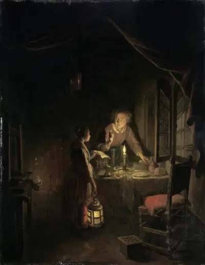Kvinna dukar av kvällsbordet av Gerrit Dou