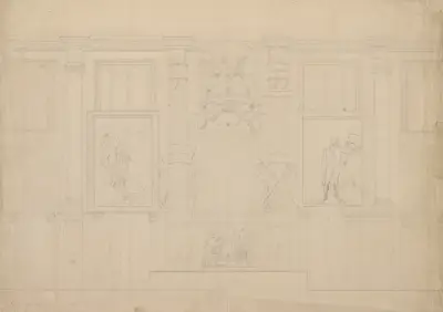 Interior wall with architectural ornaments of the U.S. Capitol building with portrait of George Washington at Dorchester Heights von Gilbert Stuart