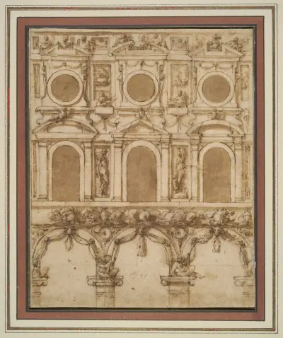 Förslag till tillfällig utsmyckning av östra väggen i Palazzo Vecchios gård av Giorgio Vasari