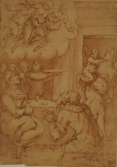 De tre änglarna som uppenbarar sig för Abrahams familj av Giorgio Vasari